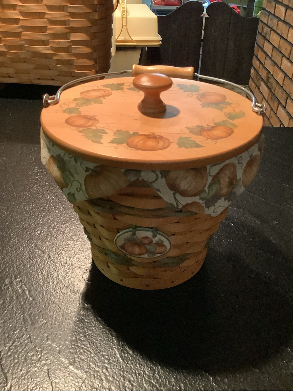 Longaberger Pumpkin Woven Basket with Painted Lid, liner, protector and charm.
